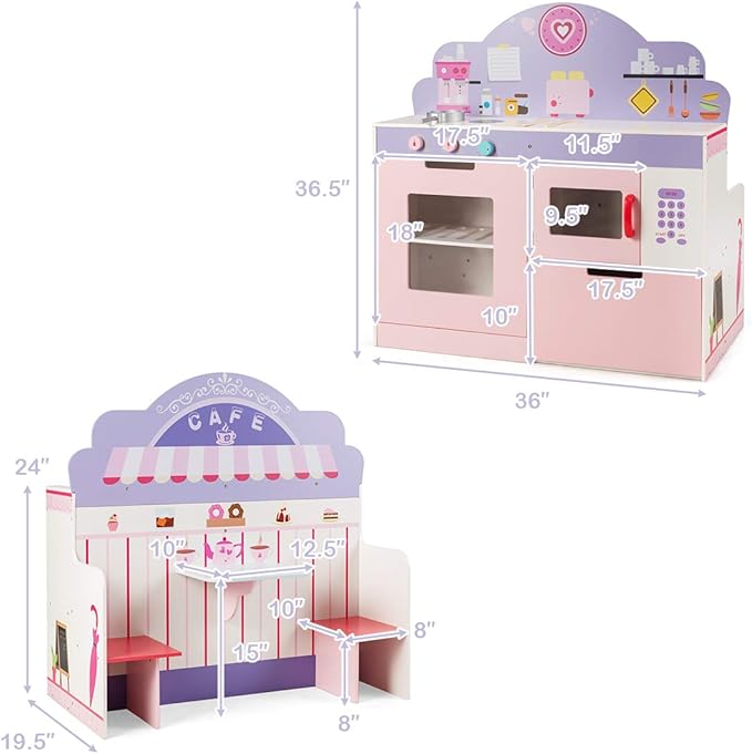 GLACER 2-in-1 Kids Kitchen Playset, Double-Sided Wooden Pretend Cooking Food Set w/Stove, Oven, Microwave, Storage Cabinet, Simulation Play Kitchen Set for Toddlers (Pink)