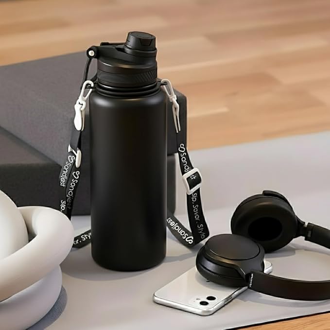 SANDJEST Stainless Steel Water Bottle with Strap 32oz, Insulated Bottles with Straw and Spout Lid for Gym Sports Travel Outdoor, Gifts for Women Girls Birthday Christmas (Black)