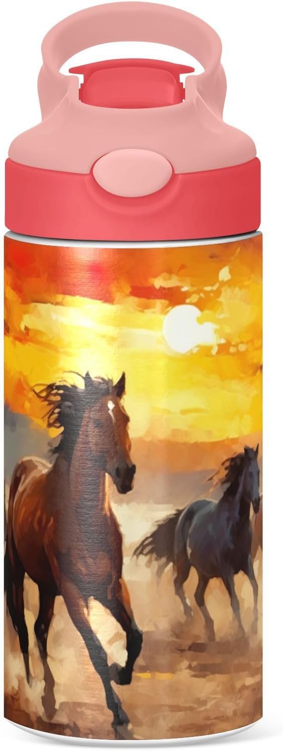 Kigai Black & White Cow Print Kids Water Bottle with Straw Lid, Vacuum Insulated Stainless Steel Double Walled Leakproof Tumbler Travel Cup for Girls Boys Toddlers, 12 oz