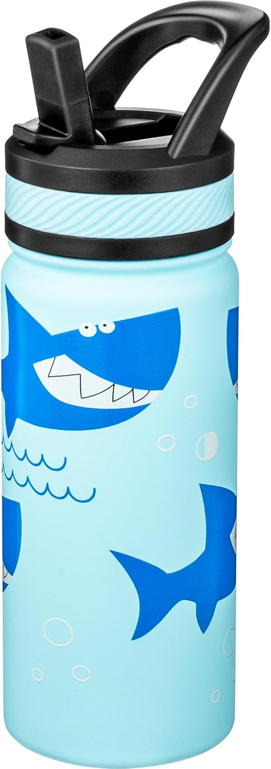 Fanhaw 18 Oz Kids Insulated Water Bottle with Straw - Stainless Steel Double Wall Vacuum Cup, Leakproof, BPA Free, Suitable for Boys and Girls(Pale Blue - Big Shark)