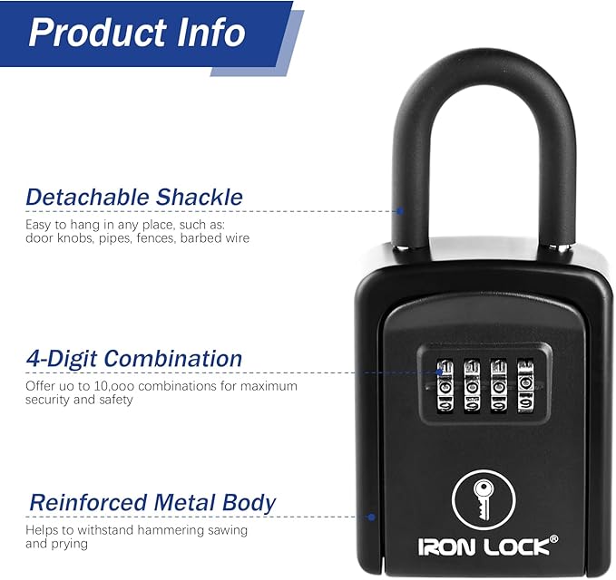 Iron Lock® Portable Key Lock Box with Removable U-Shackle Indoor Outdoor Waterproof 4 Digit Combination Resettable Code with A B Switch Key Lockbox for Outside Spare Keys for Realtors (Small, Black)