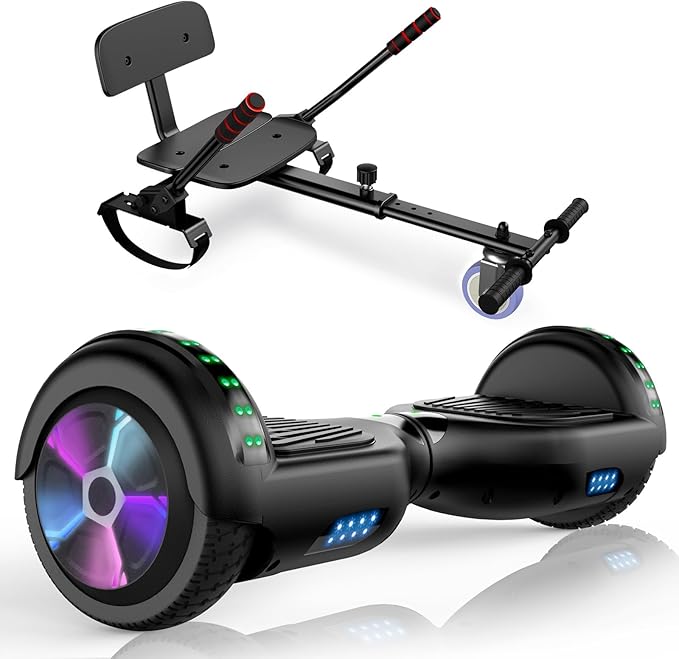 LIEAGLE Scooter With Seat Attachment, 6.5" Scooters Go Kart Combo With Colorful LED Lights & Bluetooth, For Kids Boys Girls Adults All Ages(Black with Kart)