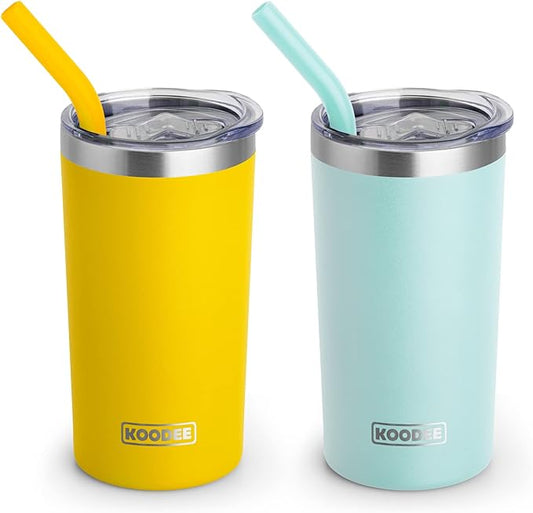 koodee Tumbler with Lids and Straws-12 oz Skinny Tumbler Stainless Steel Double Wall Vacuum Insulated Water Cup Spill Proof, BPA Free (Yellow-Blue)