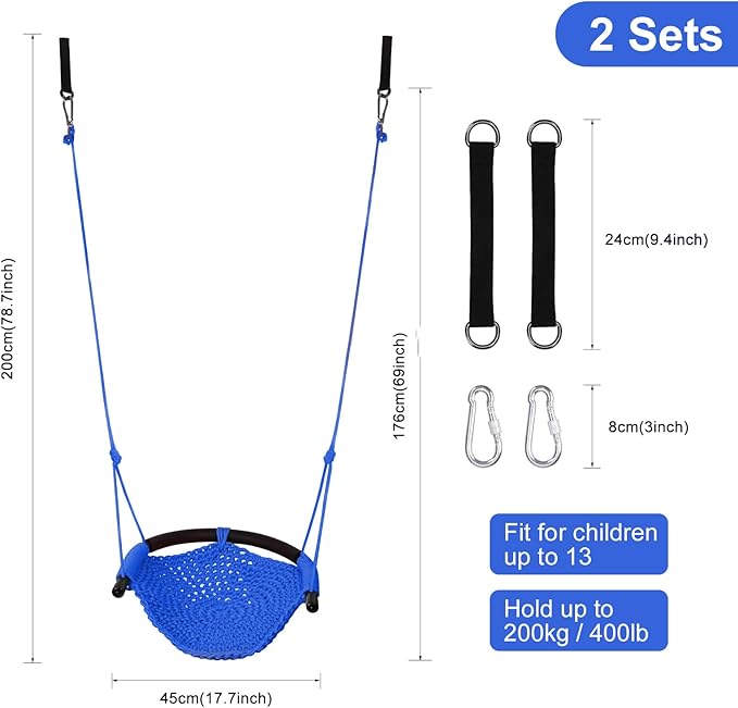 JKsmart 2 Pack Kids Swing Seat, Heavy Duty Rope Play Secure Children Swing Set, Toddler Swing Chair for Outdoor/Indoor/Playground/Home/Tree, with Snap Hooks and Swing Straps,440 lbs Capacity,Blue