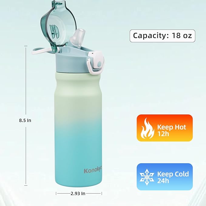 Insulated Water Bottle with Straw and Carry Loop,18 oz Stainless Steel Double Wall Vaccum Metal Water Flask with Leak-proof Lid,Mint