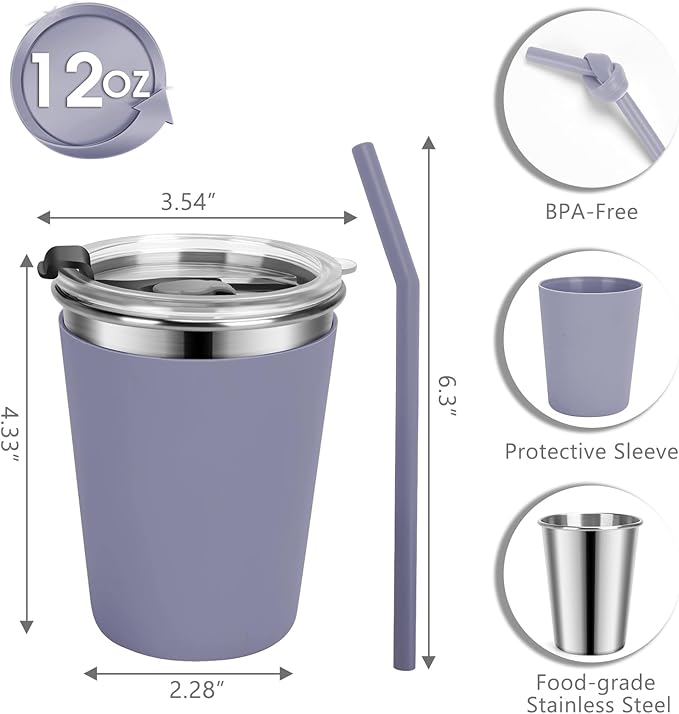 Stainless Steel Kids Cups with Lids and Straws Leakproof, 2 Pack 12oz Spill Proof Cups for Toddlers Kids Tumblers Unbreakable Sippy Cup with Straws for School, Outdoor (Dark Gray & Gray)