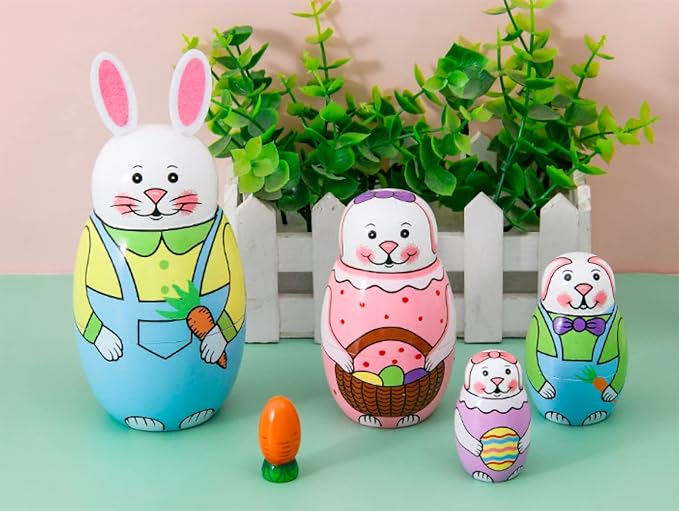 Cute Cartoon Rabbit Nesting Dolls Wooden Matryoshka Russian Doll Handmade Stacking Toy Set 5 Pieces for Kids
