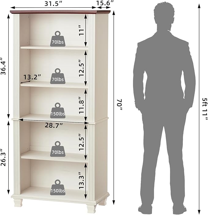 70" Tall White Bookshelf,5 Tier Wood Book Shelf with Adjustable Shelves & Wood Legs,Free Standing Farmhouse Bookcase with Open Display Storage,Vintage Kids Bookshelves for Nursery,Bedroom