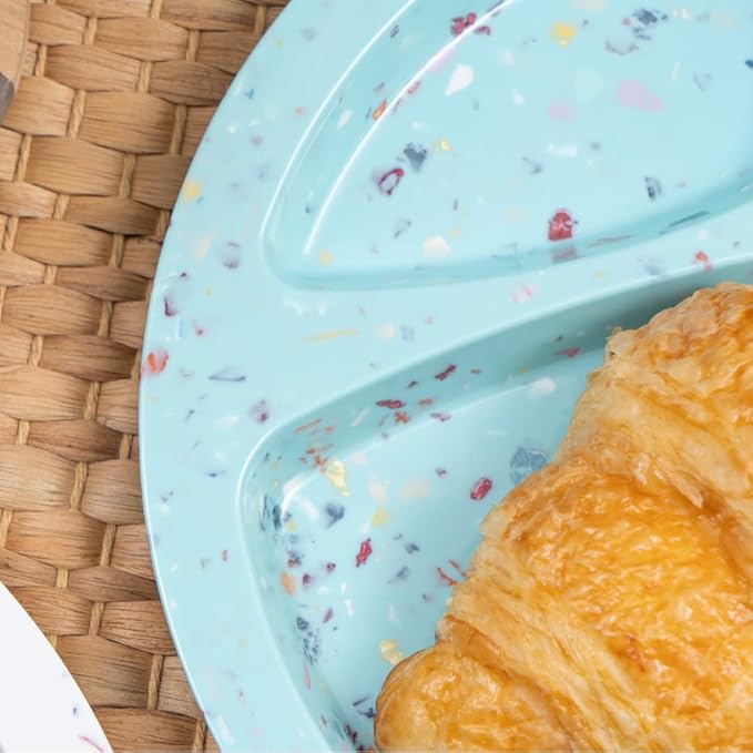 bzyoo 9-Inch Melamine Divided Plates – 3-Section Portion Control Plates, Food Safe & Durable, Lightweight & Unbreakable, Reusable Tableware for Kids, Big Kids & Everyday Meals, Confetti Green