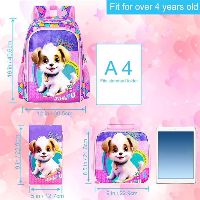 CCJPX 3PCS Kids Backpack for Girls, 16”Dog School Bookbag Set, Cute Water Resistant Elementary School Bag for Preschool Kindergarten Toddler