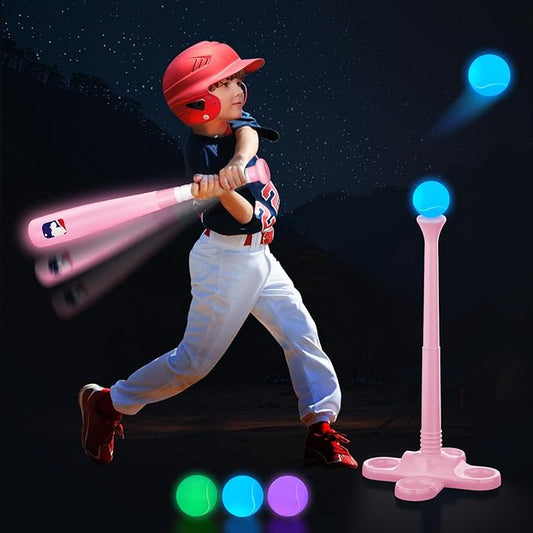 T Ball Set, Light Up LED Baseball Toys for Kids Toddlers 3-8, Glow in The Dark Tee Ball Set, Rechargeable Portable Toddler Outdoor Toys for Barkyard Camping, Gifts for Boys Girls (Pink)