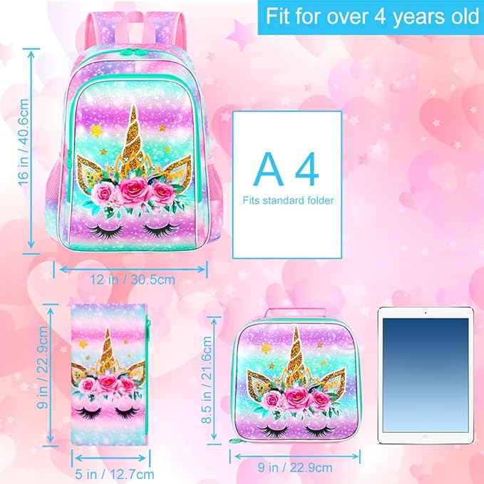 CCJPX 3PCS Unicorn Backpack for Girls, 16”Kids Bookbag with Lunch Box, Cute Water Resistant Elementary School Bag for Kindergarten Preschool Toddler