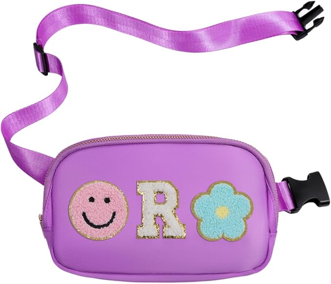 Fanny Pack For Girls Purple Kid Crossbody Bag Chenille R Letter Preppy Belt Bag, Christmas Birthday Graduation Gifts For Girl Teen Daughter Sister, Personalized Nylon Fanny Packs