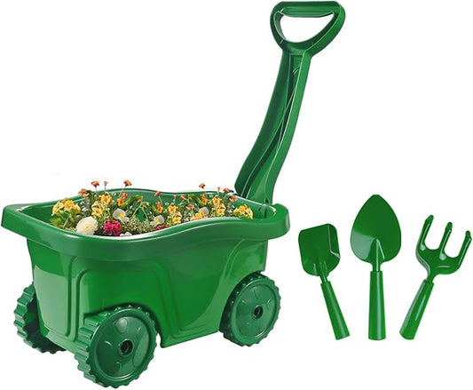 Duckura Kids Gardening Tools Set - 7pcs Wheelbarrow Set for Kids with Shovel, Rake, Leaf Rake, Summer Outdoor Yard Digging Weed Toys, Halloween Birthday Gifts for Boys Girls Age 3+ Years Old(Green)