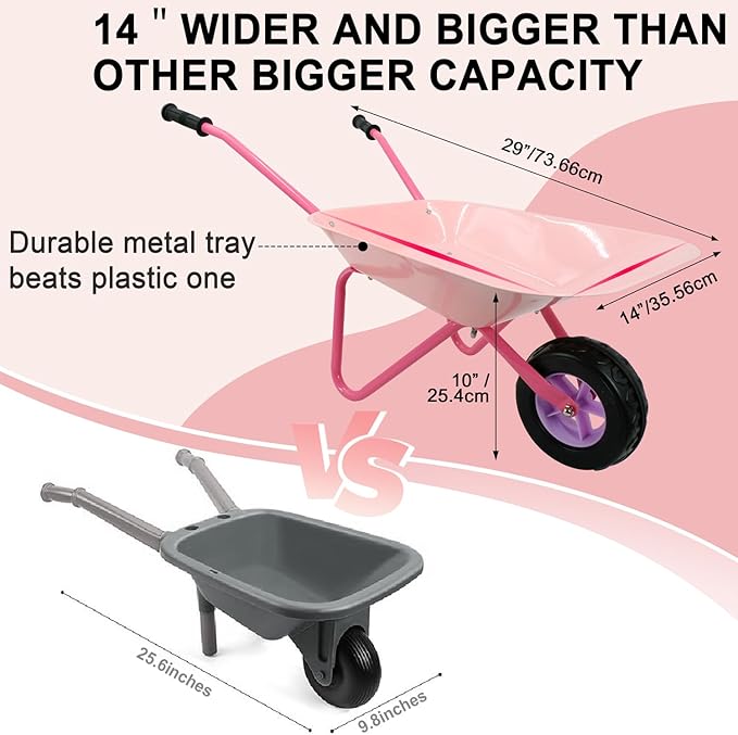 Kids Wheelbarrow Set Metal, Pink Child Wheel Barrel and Kids Gardening Tools Toddler, Garden Toys with Small Wheel Barrow, Outdoor Indoor Toys Gift for Girls