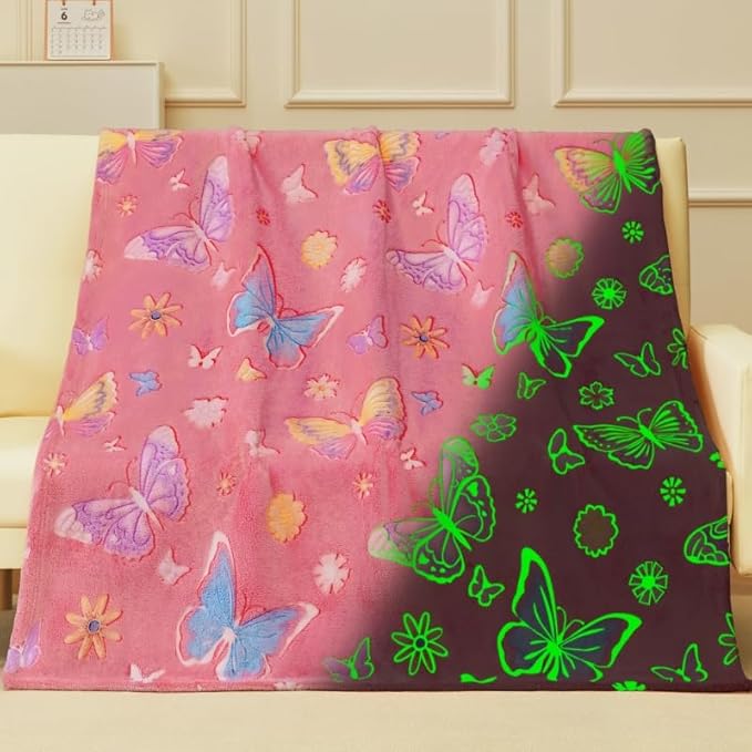 Glow in The Dark Blanket,Butterfly Gifts Toys for Girls, Birthday Presents Decor for Kids Age 3-14 Year Old Daughter Teen Child Toddler Luminous Christmas Bedroom Throw Blanket 50"x60"