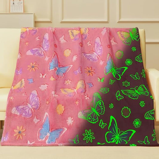 Glow in The Dark Blanket,Butterfly Gifts Toys for Girls, Birthday Presents Decor for Kids Age 3-14 Year Old Daughter Teen Child Toddler Luminous Christmas Bedroom Throw Blanket 50"x60"