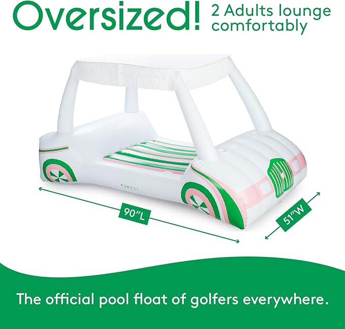 FUNBOY Giant Inflatable Luxury Golf Cart Pool Float, Two Cup Holders, Removable Fringe Shade, Float for Summer Pool Party and Entertainment