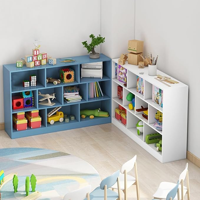 IOTXY Open Shelf Low Bookcase - Wooden 3-Tier Floor Standing Display Cabinet Organizer with Base, 5 Cubes Short Horizontal Bookshelf in Bright Blue