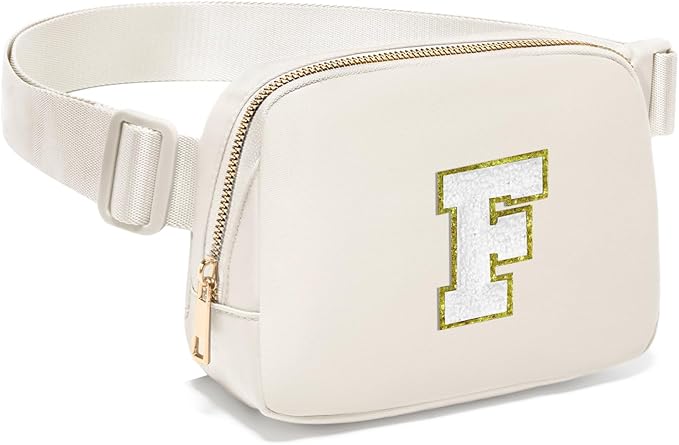 Gitus Birthday Gifts for 8 9 10 11 12 13 Year Old Girls Personalized Fanny Pack Crossbody Bags with Initial Letter Patch Belt Bag for Teen Girls Cute Trendy Stuff Travel Essentials (Ivory-F)