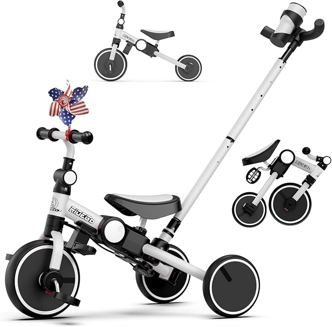 Ridego Toddler Tricycle with Push Handle for 3-5 Years Old Boys and Girls,5 in 1 Foldable Toddler Bike with Adjustable Seat, Kids Tricycle Ride-on Toys for Kids Birthday Gifts