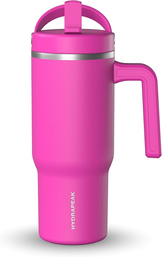 Hydrapeak Kids Voyager 18 oz Tumbler with Handle and Flip-Up Straw Lid | Spill Proof and Leak Resistant | Reusable Stainless Steel Water Bottle | Gift for Kids Boys Girls | Fuchsia
