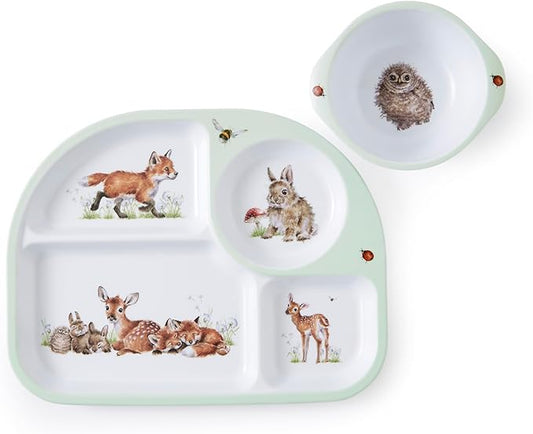 Royal Worcester Wrendale Designs Little Wren Tray & Bowl Set - Kids Tableware with 4-Section Lunch Tray & Handled Bowl, Featuring Baby Animal Artwork on Durable Melamine - Dishwasher Safe