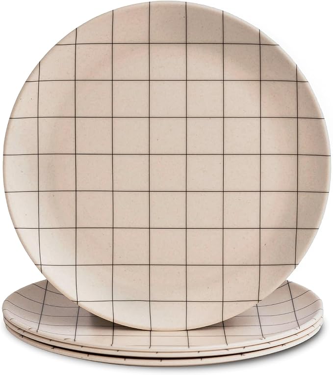 Nook Theory 4 Pack Reusable Bamboo Plates - Non-Toxic Toddler and Kids Plate, Dishwasher Safe, Not Microwavable Dinnerware (Grid 8")