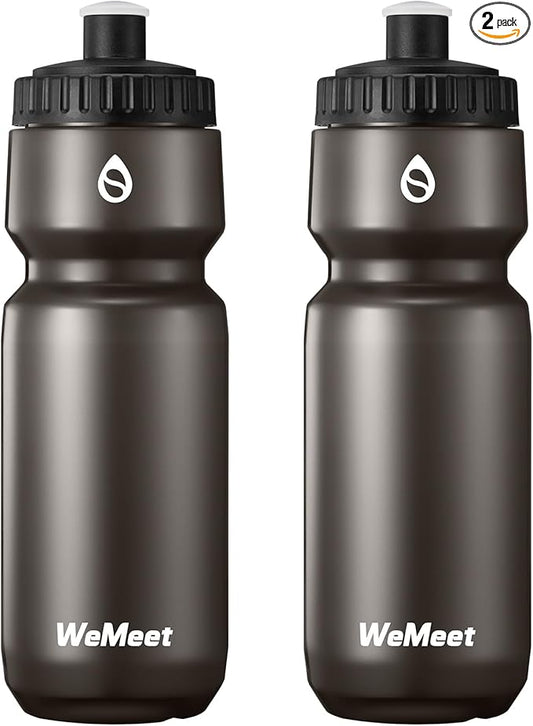 24oz Sport Squeeze Bottle, BPA Free, Leak Proof Mountain Bike Water Bottle with Capacity Scale, Fits Most Bike Cages, for Cycling, Gym, Camping, Hiking (Black, 2-Pack)