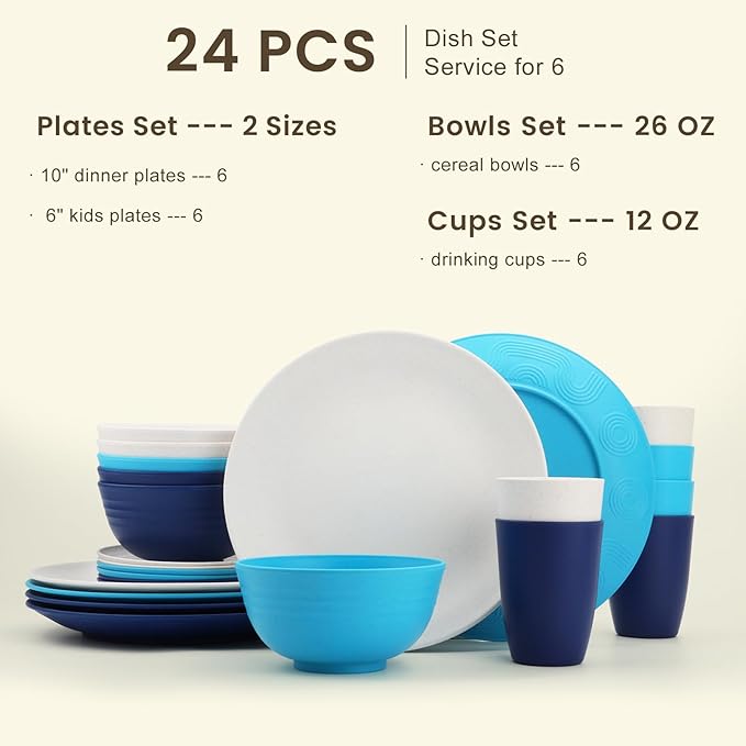 Homienly 24 PCS Wheat Straw Dinnerware Set for 6, Dinner Plates,Dessert Plates,Cereal Bowls,Drinking Cups,Unbreakable Dishwasher and Microwave Safe Dish Sets for Kitchen,Outdoor - Island Series