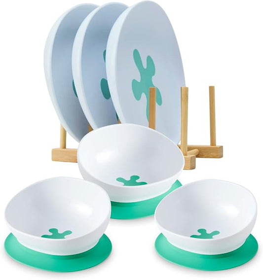 Doddl Toddler Plate & 2-in-1 Bowl Set (6 Months–4 Years) – Suction Baby Dish Converts to Non-Slip Toddler Bowl, Easy-Scooping Feeding Set (Fresh Green Triple Pack)