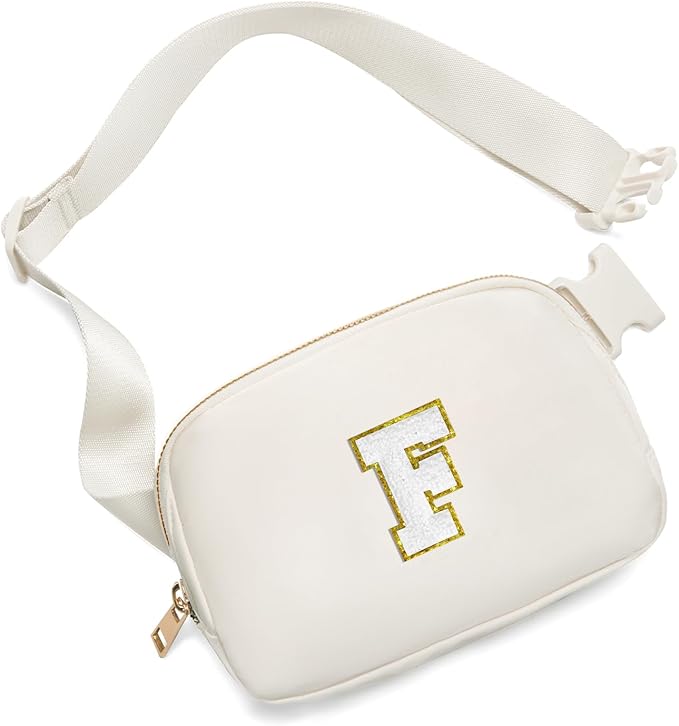 Gitus Birthday Gifts for 8 9 10 11 12 13 Year Old Girls Personalized Fanny Pack Crossbody Bags with Initial Letter Patch Belt Bag for Teen Girls Cute Trendy Stuff Travel Essentials (Ivory-F)