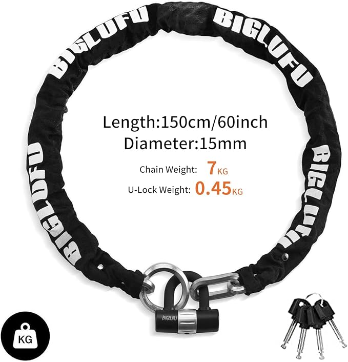 BIGLUFU Motorcycle Lock Chain Locks Heavy Duty, 150 cm/5 ft Long, Cut Proof 15mm Thick Square Chains with 4Keys 16 mm U Lock, Ideal for Motorcycles, Motorbike, Bike, Gates, Bicycle, Scooter.