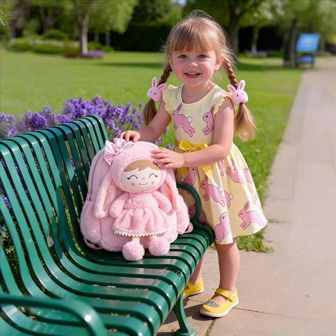 Gloveleya Toddler Backpack Plush Bag with Soft Pink Rabbit Doll Detachable Design 11inches Gift for Baby Girl 2+...