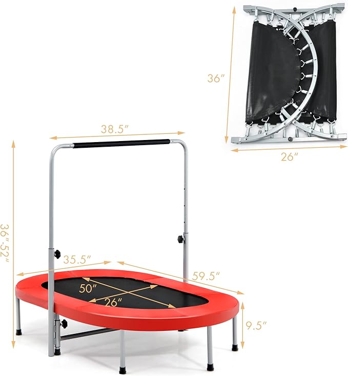 Giantex Mini Trampoline, 2 Persons Foldable Fitness Trampoline w/ 5 Levels Height Adjustable Handle, Max Load 330LBS, Indoor Oval Rebounder Exercise Trampoline for Adult, Kid, Enjoy Parent-child Time