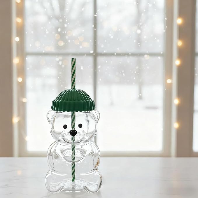 Glass Bear Cup, Bear Straw Cup,20oz Borosilicate Glass Baby Mug with Lid,Cute Mugs Bears Sippy Cups Coffee Milk & Tea Drinks Glassware for Christmas