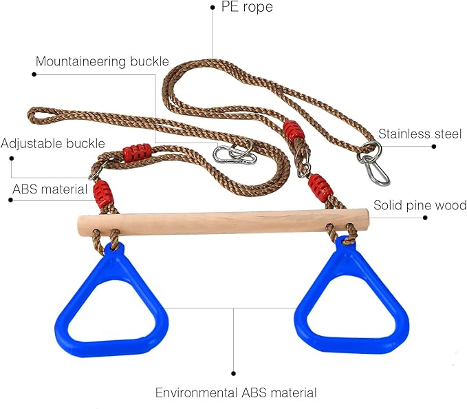 PELLOR Playground Children's Wooden Trapeze Swing Bar with Plastic Gym Rings Swing Set for Indoor & Outdoor Fun