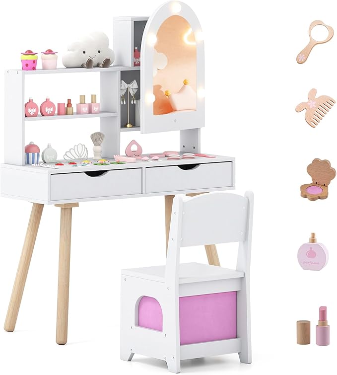 Costzon Kids Vanity with Lights, Girls Vanity Set with Mirror Cabinet, Storage Drawers, Hooks & Shelves, Toddler Makeup Vanity Desk Dressing Table, Wooden Kids Vanity Table and Chair Set (White)