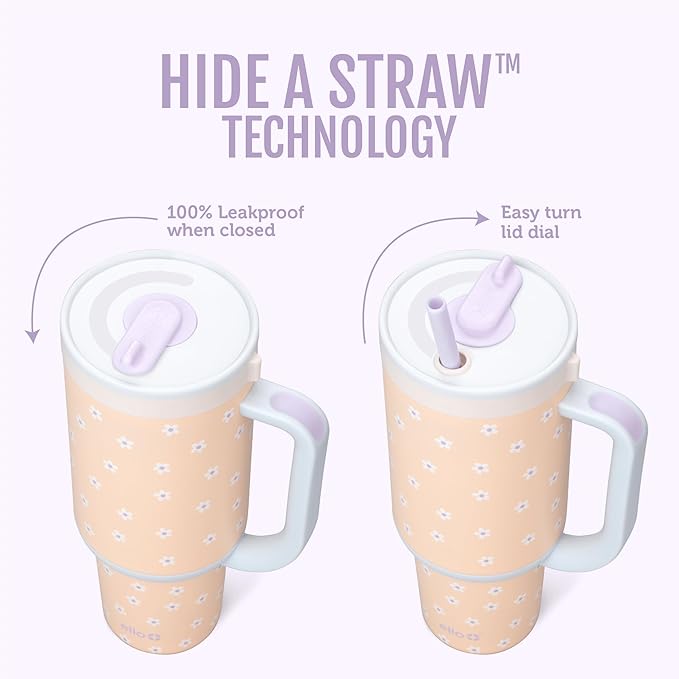Ello Oasis 24oz Tumbler with Handle & Retracting Straw | Reusable Insulated Stainless Steel Cup 100% Leakproof, Gifts for Teens Women Men | Keeps cold for 24 Hours, Cup Holder Friendly, Orange Daisies