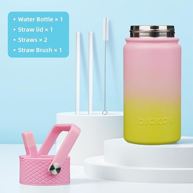 BJPKPK Insulated Water Bottle with Straw Lid, 15oz Cute Water Bottles, Stainless Steel Metal Thermo, Reusable BPA Free Leak Proof Tumblers, Cups,Tulips