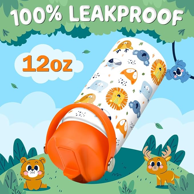 Kids Water Bottle with Straw Lid - 12 Oz Insulated Stainless Steel Animal Water Bottles for Kid Boys Girls - Travel Cup for School Sports