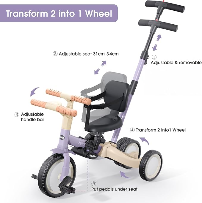 newyoo Toddler Tricycle with Push Handle for 1-3 Year Old, Toddler Bike, Birthday Toy for Boys and Girls, 5 in 1 Kids Trike, Balance Bike with Backrest and Safety Belt, Purple, TR007