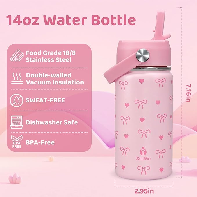 Kids Water Bottle With Straw Lid,Pink Bow 14 oz Stainless Steel Travel Bottle,Double Wall Leak Proof Kids Cup,Insulated Tumbler for Toddlers,Metal Bottle for School Boys Girls
