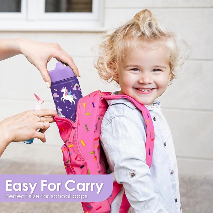 Unicorn Kids Water Bottle With Straw Lid 12oz Insulated Stainless Steel, Travel Tumbler, Unicorn Gifts For Girls, Birthday, Christmas, Back To School