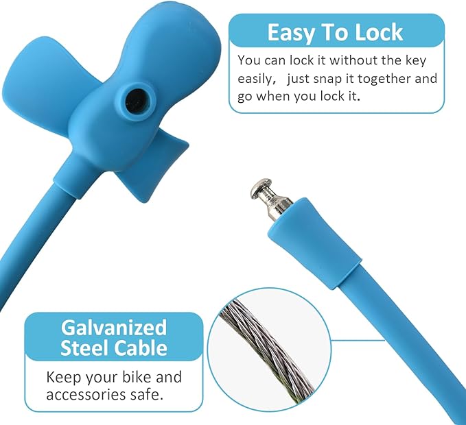 Bike Cable Lock with Keys,Silicone Covered Kids Cable Lock Cartoon Lock,2 Feet Lock for Bike,Door,Skateboard,Helmet and More (Blue, Large)