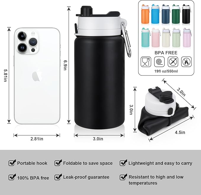 PLTCAT Collapsible Foldable BPA Free Reusable Lightweight Leak-Proof Travel Silicone Water Bottle for Travel, Gym, Hiking, Office, Camping
