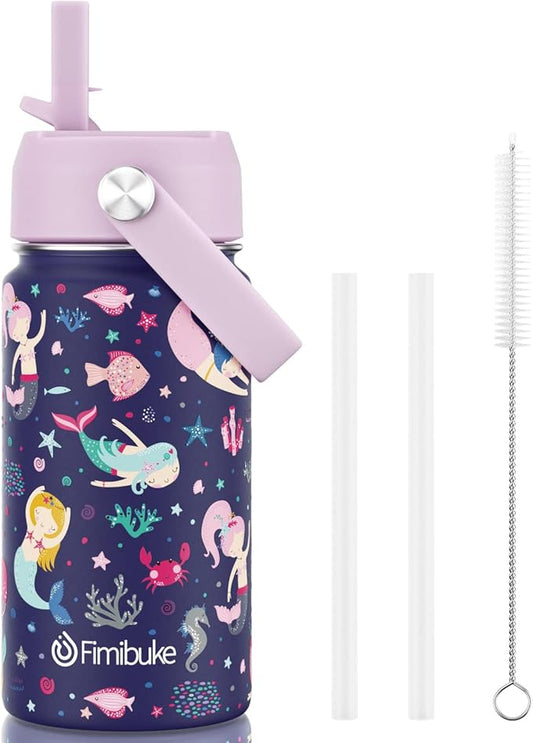 Fimibuke Kids Insulated Water Bottle, 14oz BPA FREE 18/8 Stainless Steel Travel Tumbler Double Wall Vacuum Leak Proof Kids Cup with Straw Metal Water Bottle for School Boys Girls(1 Pack, MERMAID)