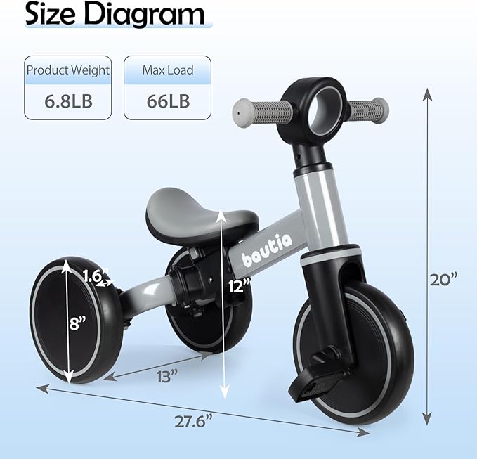 Tricycle for Toddlers 1-3, 4 in 1 Baby Balance Bike 1 2 Year Old Boy Girl Gift, Kids Bicycle Toy with Removable Pedals