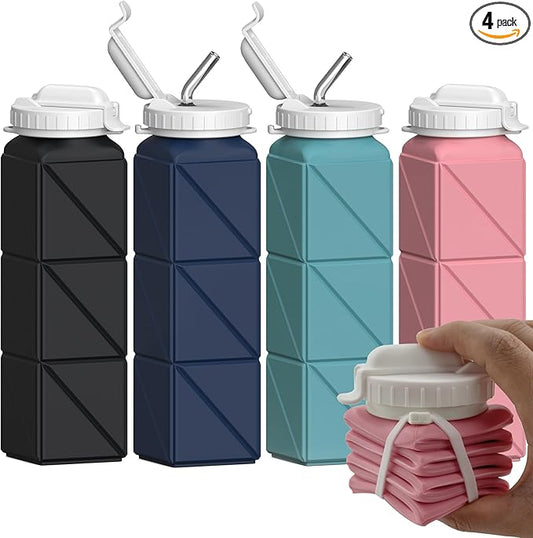 Collapsible Water Bottles with Straw 20.6oz, Silicone Foldable Portable Water Bottle, Lightweight Reusable Leakproof for Travel Camping Hiking Sports, 4 Pack (Black+Dark Blue+Blue+Pink)