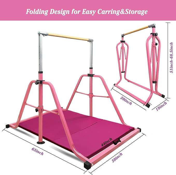 Foldable Gymnastics Kip Bar,Horizontal Bar for Kids,No Wobble Gym Equipment for Home Indoor,3' to 5' Adjustable Height,Gymnasts 1-4 Levels,300 lbs Weight Capacity